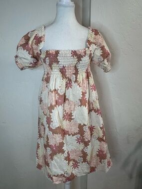 Faherty Smocked Floral Mini Dress Puff Sleeve Cottagecore Boho Beachy
